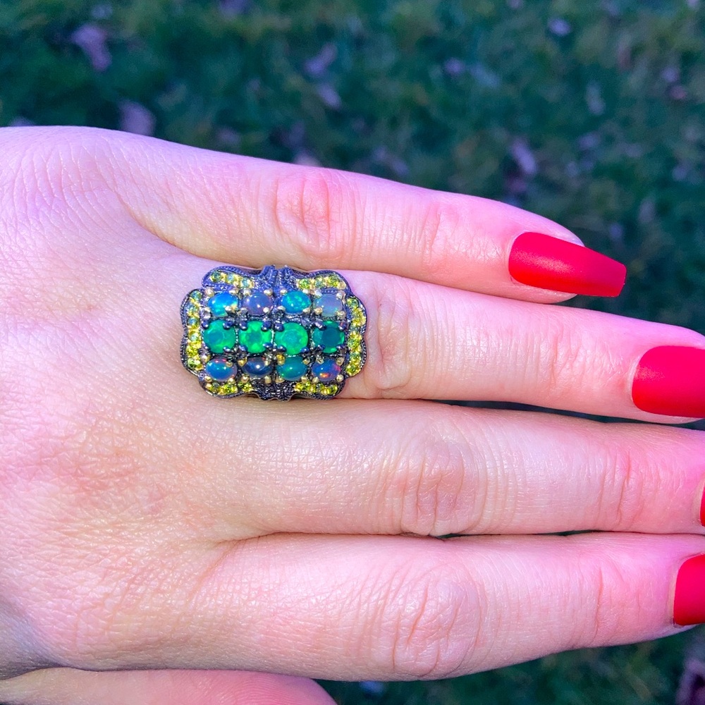 Vintage Art Deco Style Green Onyx & Opal Cluster Ring Sz 6 925 Silver Gold - Picture 1 of 8